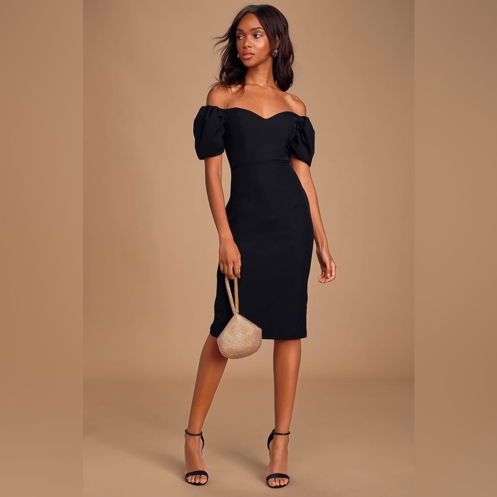 Lulus Lucky Number Black Puff Sleeve Bodycon Midi Dress- Size M